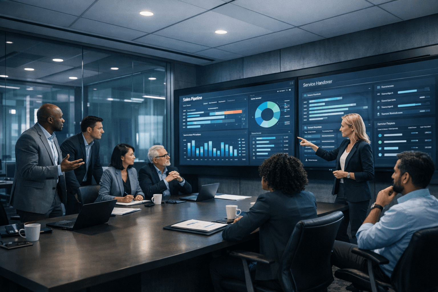 Sales and service team in a pipeline review