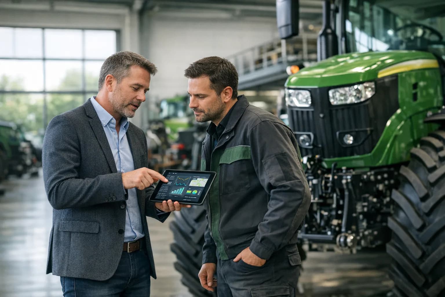 Vertriebs- und Serviceentscheider im Gespräch am Traktor