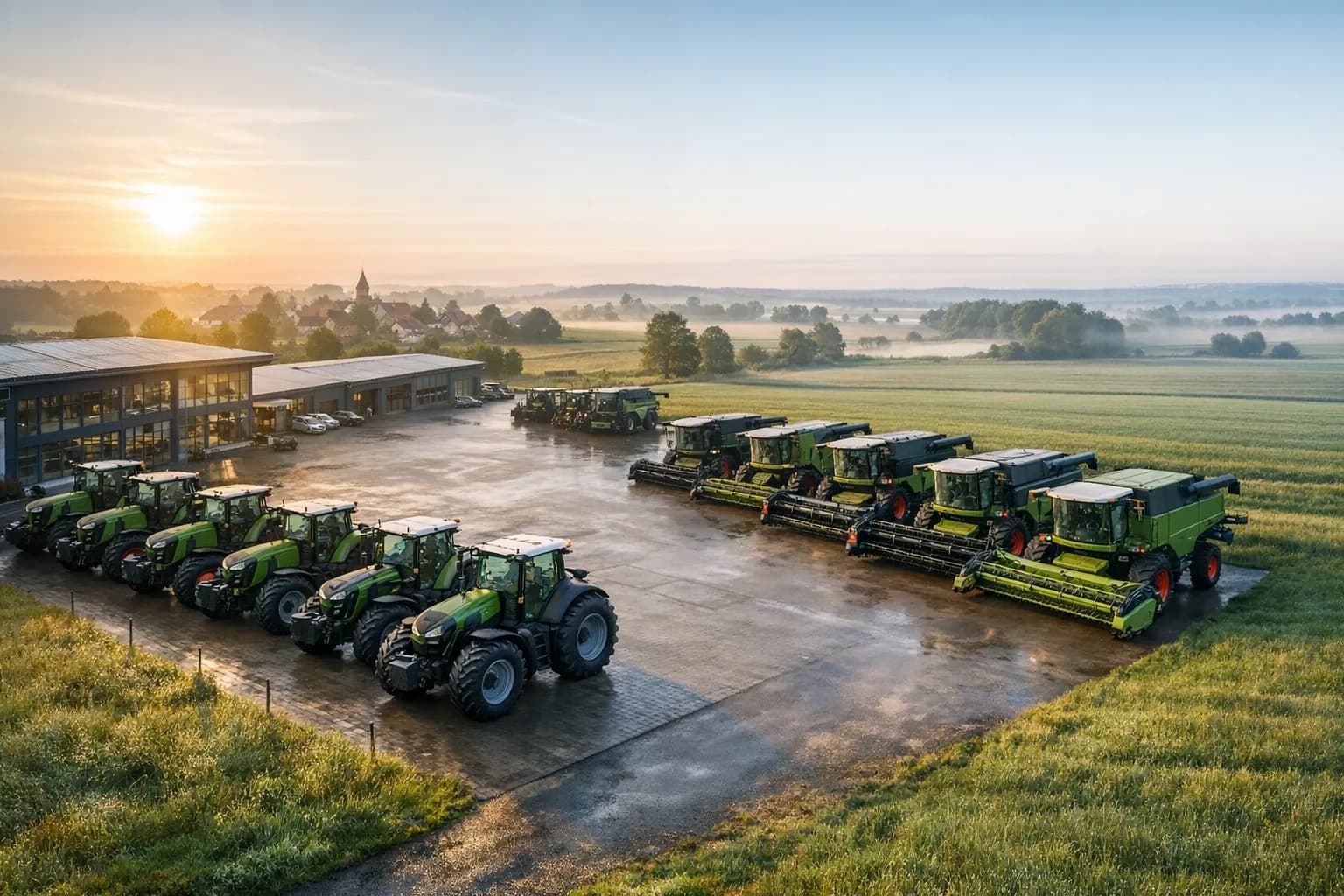 Landmaschinenhof mit grünen Traktoren